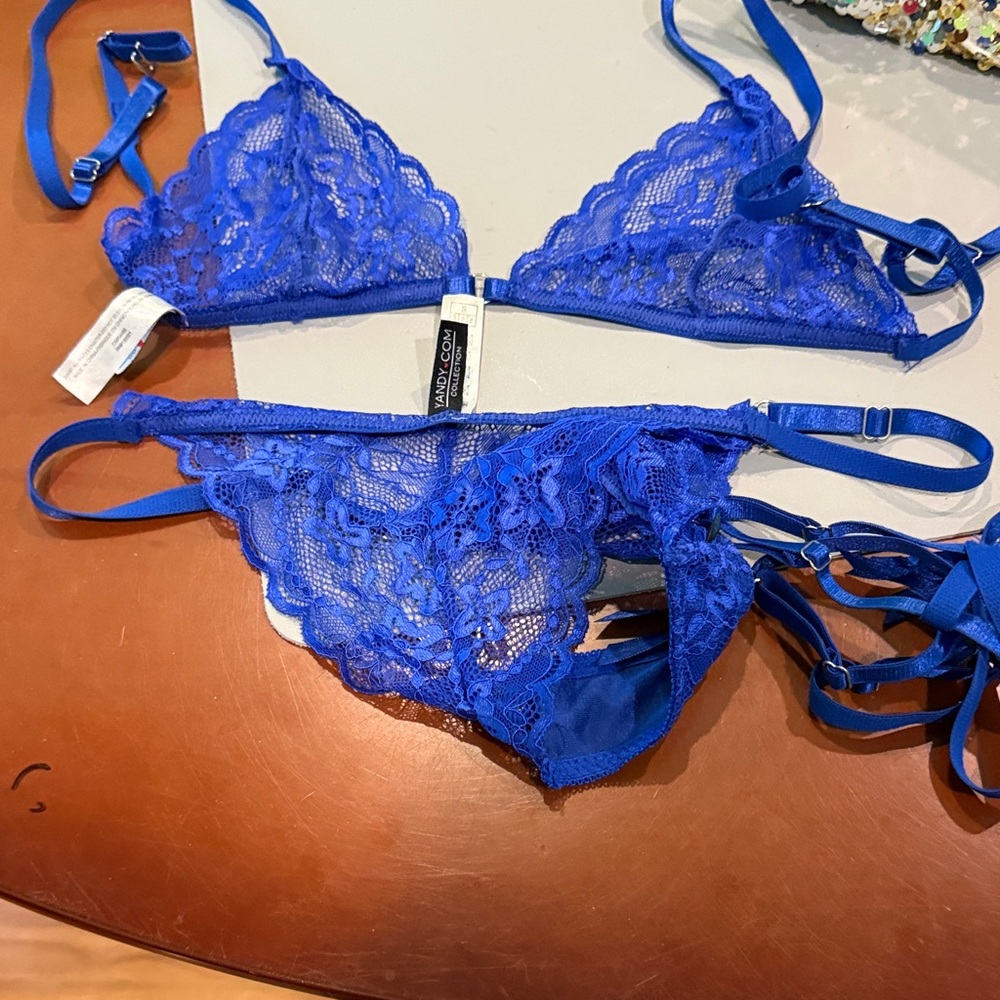Lace Triangle Bralette & Bikini Set - Royal Blue